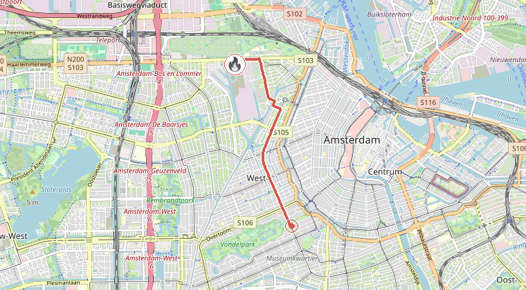 Kaart van de omgeving van de melding, met de kazerne die is gealarmeerd