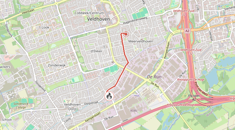 Kaart van de omgeving van de melding, met de kazerne die is gealarmeerd