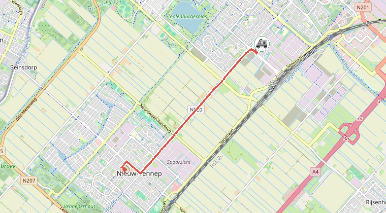 Kaart van de omgeving van de melding, met de kazerne die is gealarmeerd