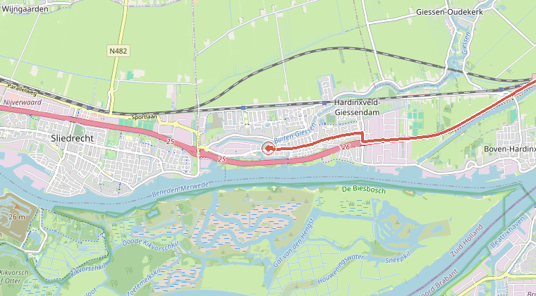 Kaart van de omgeving van de melding, met de kazerne die is gealarmeerd