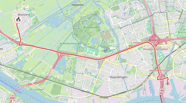 Kaart van de omgeving van de melding, met de kazerne die is gealarmeerd