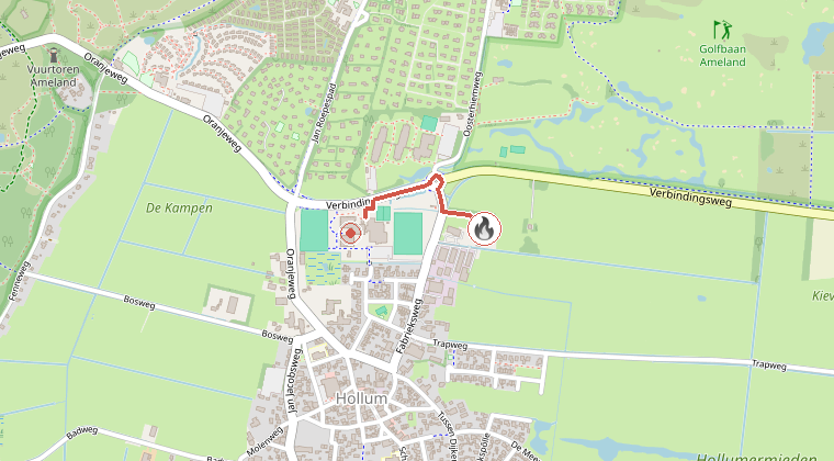 Kaart van de omgeving van de melding, met de kazerne die is gealarmeerd