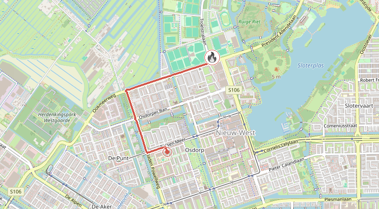 Kaart van de omgeving van de melding, met de kazerne die is gealarmeerd