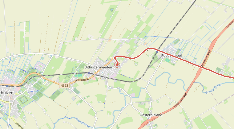 Kaart van de omgeving van de melding, met de kazerne die is gealarmeerd