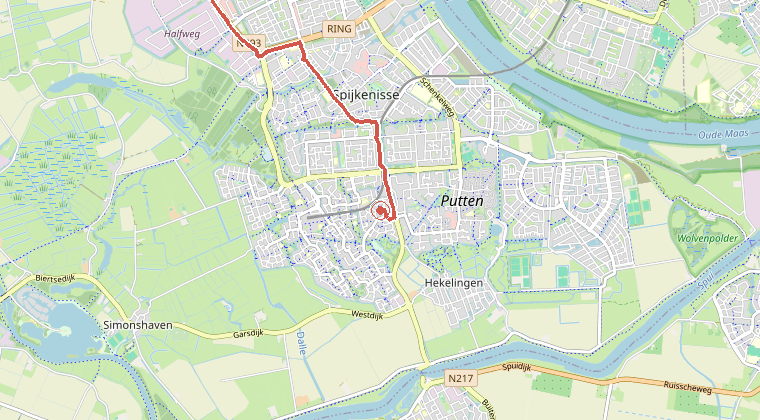 Kaart van de omgeving van de melding, met de kazerne die is gealarmeerd