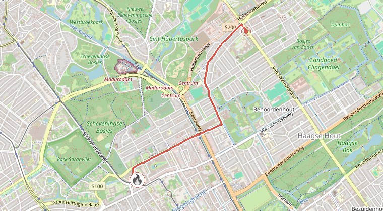 Kaart van de omgeving van de melding, met de kazerne die is gealarmeerd