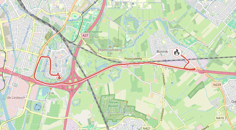 Kaart van de omgeving van de melding, met de kazerne die is gealarmeerd