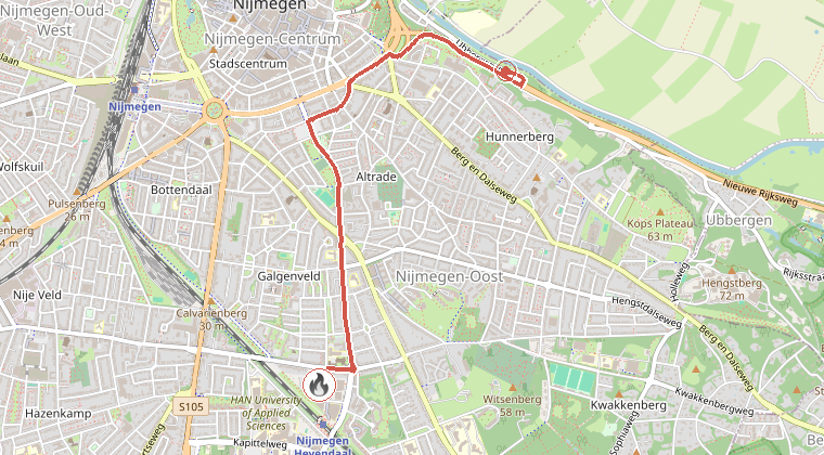 Kaart van de omgeving van de melding, met de kazerne die is gealarmeerd