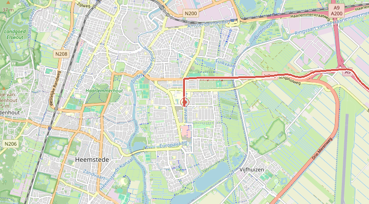 Kaart van de omgeving van de melding, met de kazerne die is gealarmeerd