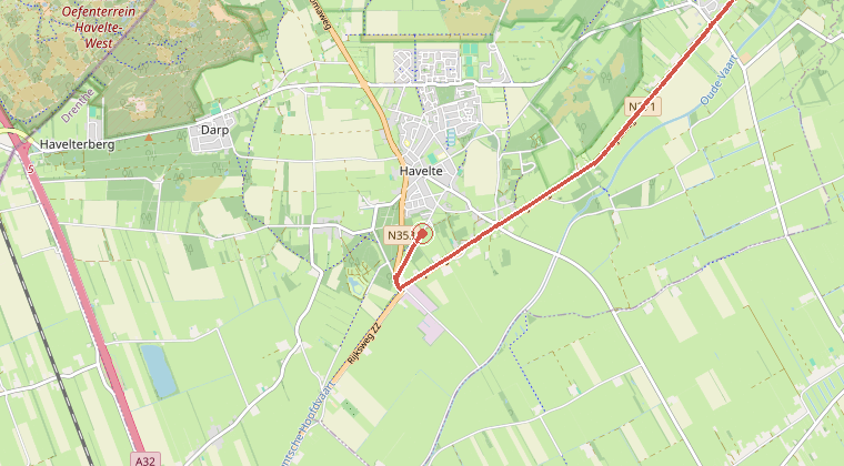 Kaart van de omgeving van de melding, met de kazerne die is gealarmeerd