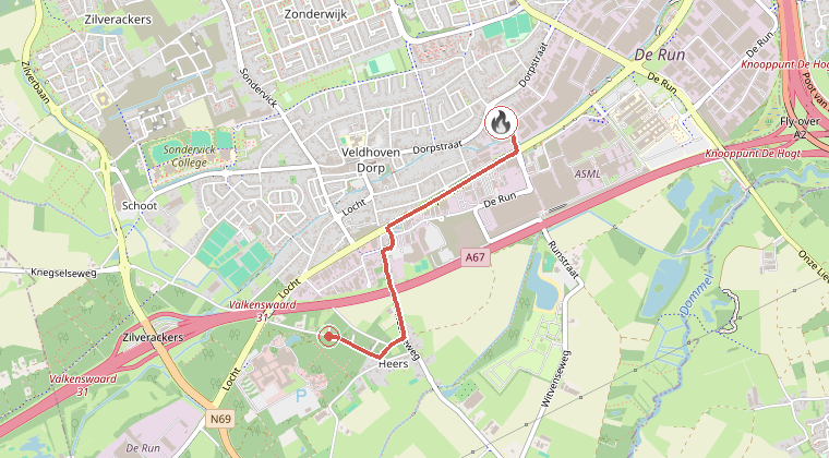 Kaart van de omgeving van de melding, met de kazerne die is gealarmeerd