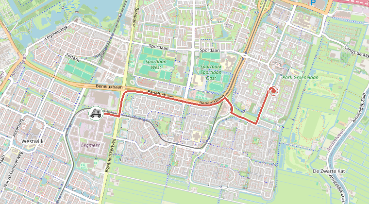 Kaart van de omgeving van de melding, met de kazerne die is gealarmeerd