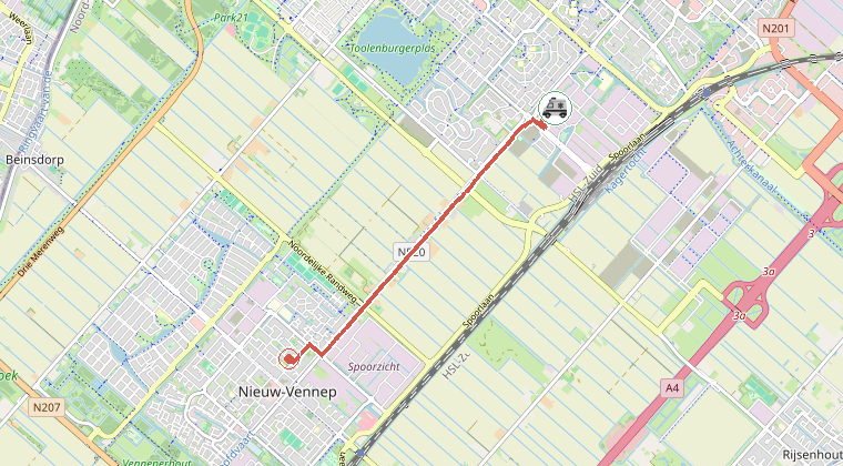 Kaart van de omgeving van de melding, met de kazerne die is gealarmeerd