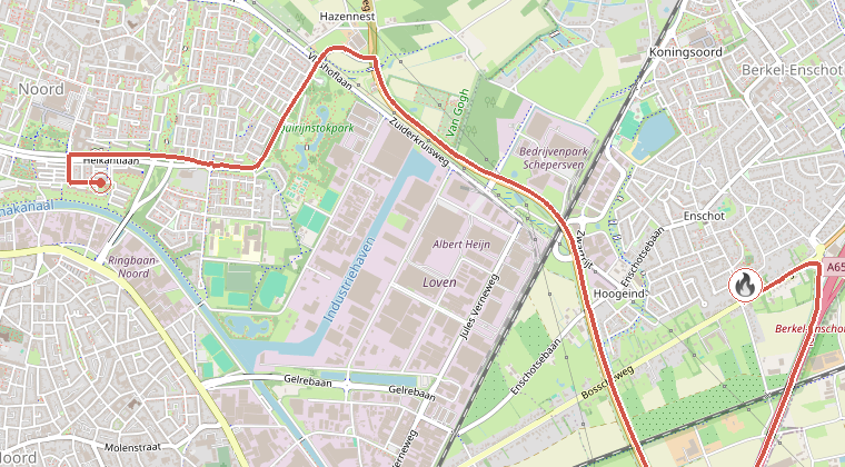 Kaart van de omgeving van de melding, met de kazerne die is gealarmeerd
