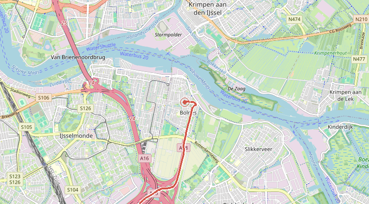 Kaart van de omgeving van de melding, met de kazerne die is gealarmeerd