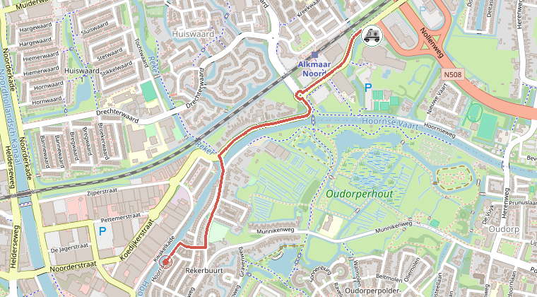 Kaart van de omgeving van de melding, met de kazerne die is gealarmeerd