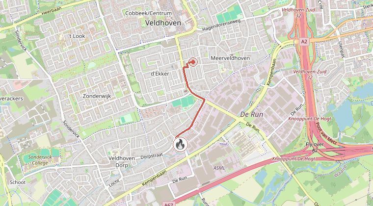 Kaart van de omgeving van de melding, met de kazerne die is gealarmeerd
