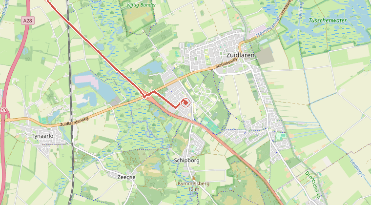 Kaart van de omgeving van de melding, met de kazerne die is gealarmeerd