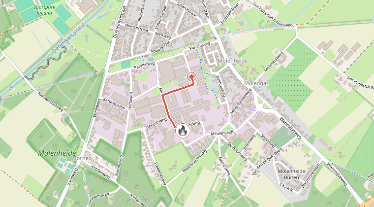 Kaart van de omgeving van de melding, met de kazerne die is gealarmeerd