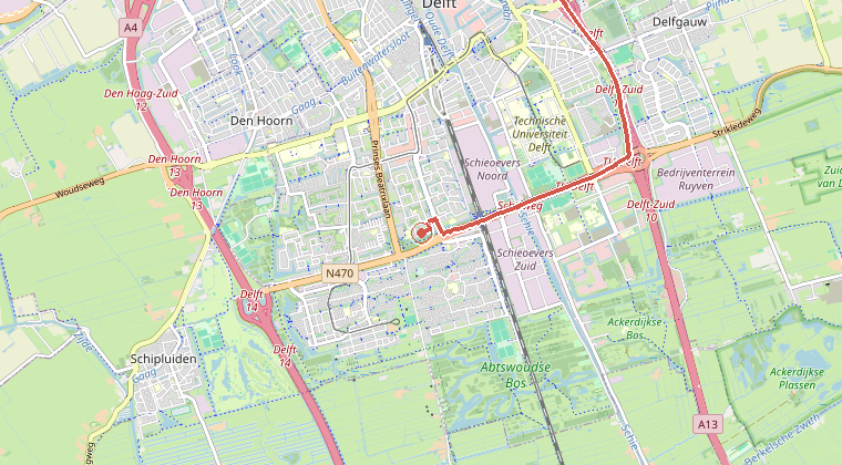 Kaart van de omgeving van de melding, met de kazerne die is gealarmeerd