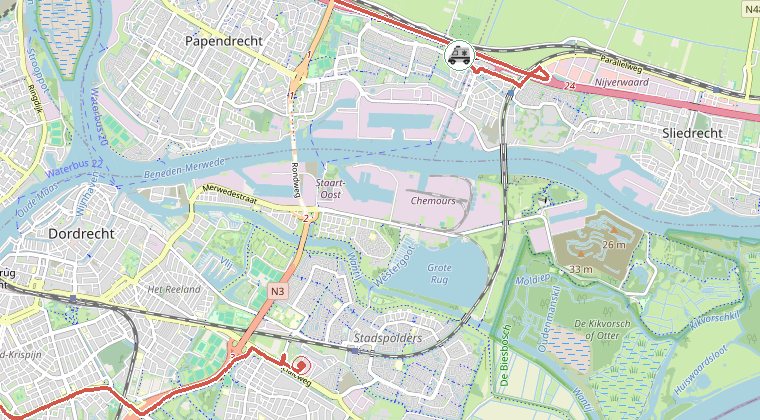 Kaart van de omgeving van de melding, met de kazerne die is gealarmeerd