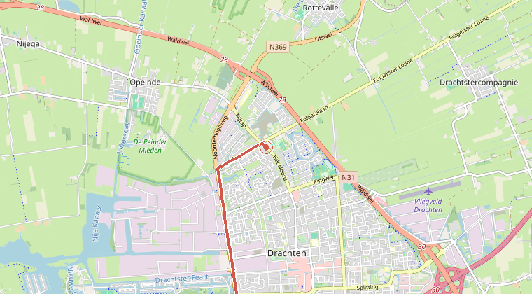 Kaart van de omgeving van de melding, met de kazerne die is gealarmeerd