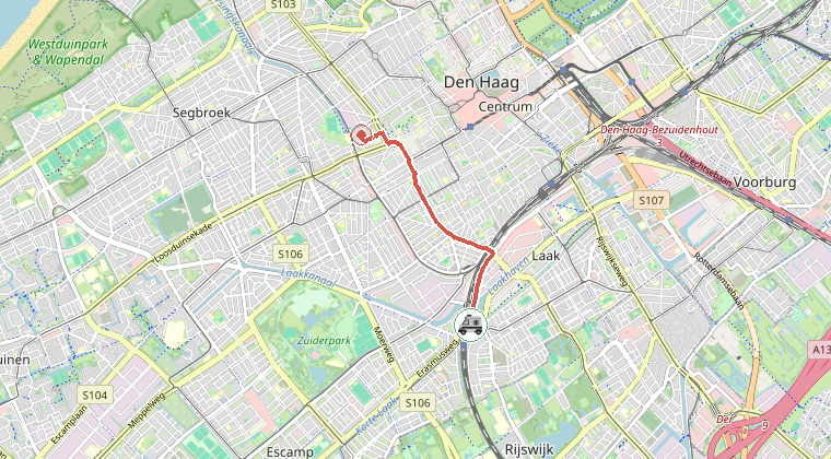 Kaart van de omgeving van de melding, met de kazerne die is gealarmeerd