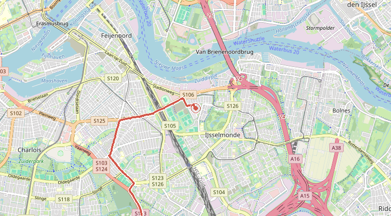 Kaart van de omgeving van de melding, met de kazerne die is gealarmeerd