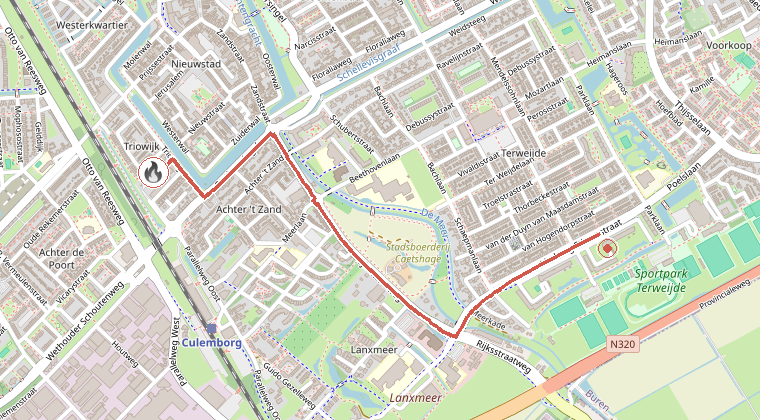Kaart van de omgeving van de melding, met de kazerne die is gealarmeerd