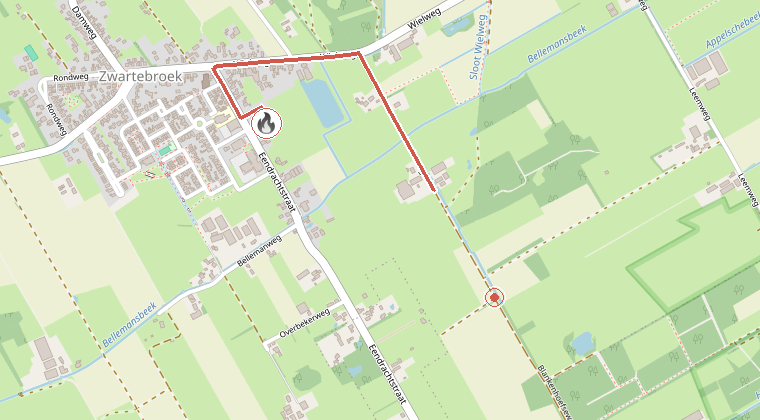Kaart van de omgeving van de melding, met de kazerne die is gealarmeerd