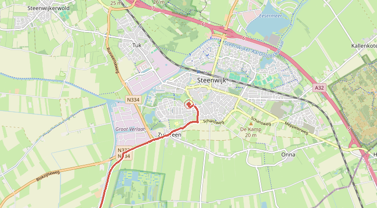 Kaart van de omgeving van de melding, met de kazerne die is gealarmeerd