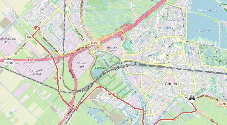 Kaart van de omgeving van de melding, met de kazerne die is gealarmeerd