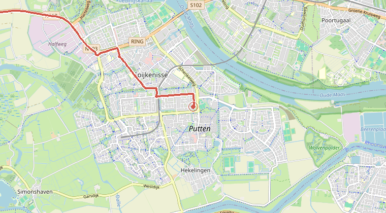 Kaart van de omgeving van de melding, met de kazerne die is gealarmeerd