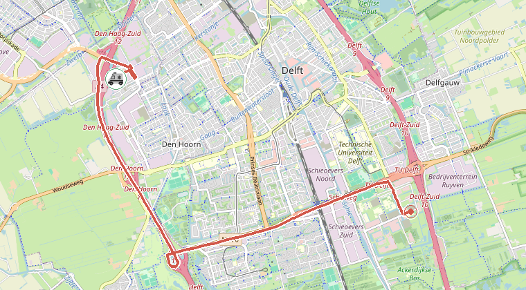 Kaart van de omgeving van de melding, met de kazerne die is gealarmeerd