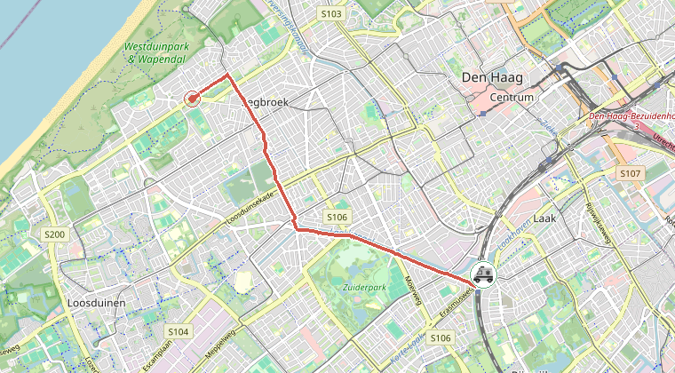 Kaart van de omgeving van de melding, met de kazerne die is gealarmeerd