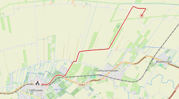 Kaart van de omgeving van de melding, met de kazerne die is gealarmeerd