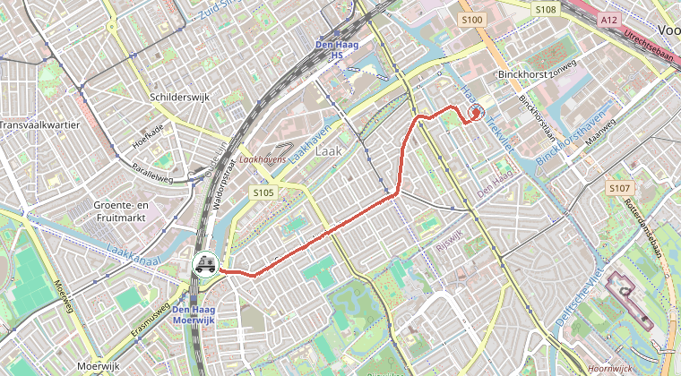 Kaart van de omgeving van de melding, met de kazerne die is gealarmeerd