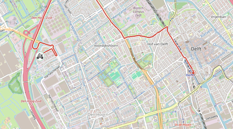 Kaart van de omgeving van de melding, met de kazerne die is gealarmeerd
