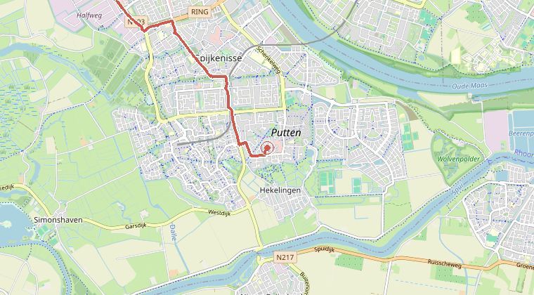 Kaart van de omgeving van de melding, met de kazerne die is gealarmeerd