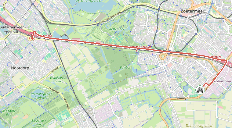 Kaart van de omgeving van de melding, met de kazerne die is gealarmeerd