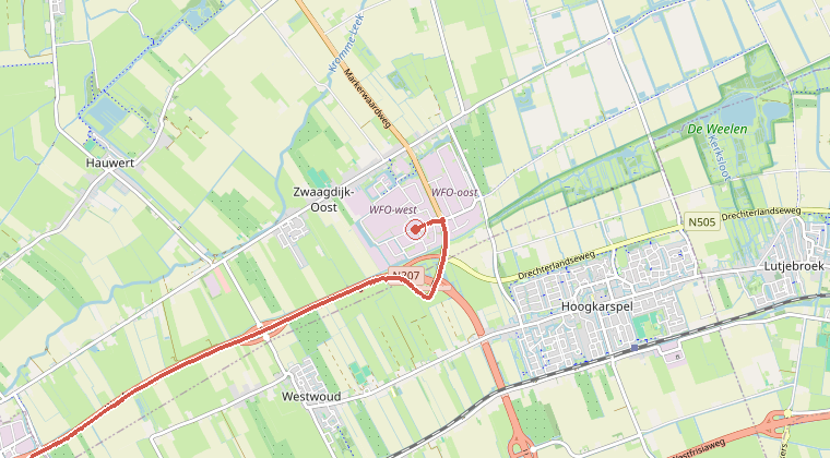 Kaart van de omgeving van de melding, met de kazerne die is gealarmeerd