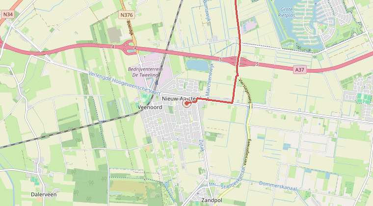 Kaart van de omgeving van de melding, met de kazerne die is gealarmeerd