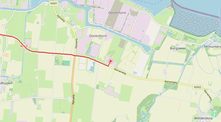 Kaart van de omgeving van de melding, met de kazerne die is gealarmeerd