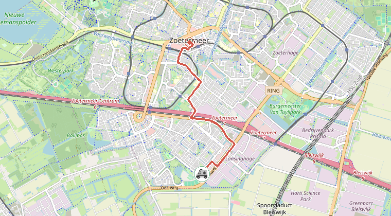 Kaart van de omgeving van de melding, met de kazerne die is gealarmeerd