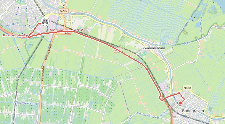 Kaart van de omgeving van de melding, met de kazerne die is gealarmeerd
