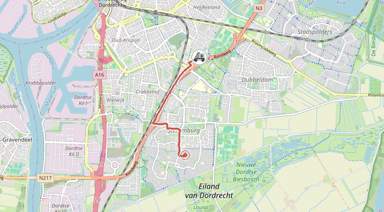 Kaart van de omgeving van de melding, met de kazerne die is gealarmeerd