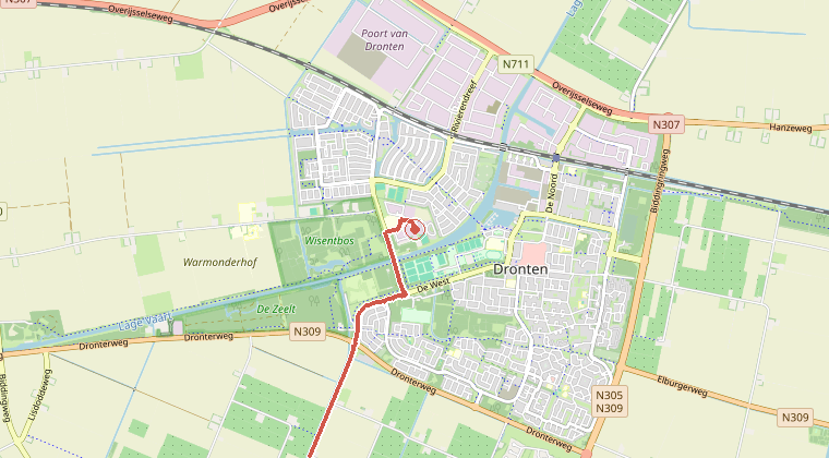 Kaart van de omgeving van de melding, met de kazerne die is gealarmeerd