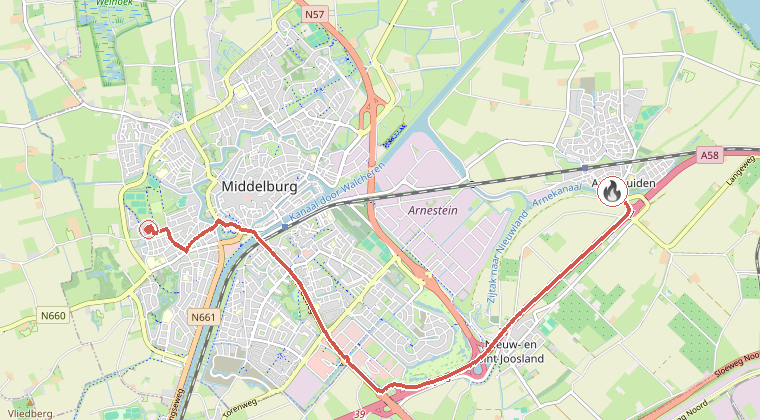 Kaart van de omgeving van de melding, met de kazerne die is gealarmeerd