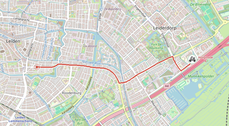Kaart van de omgeving van de melding, met de kazerne die is gealarmeerd
