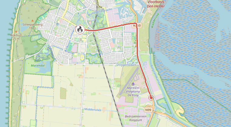 Kaart van de omgeving van de melding, met de kazerne die is gealarmeerd